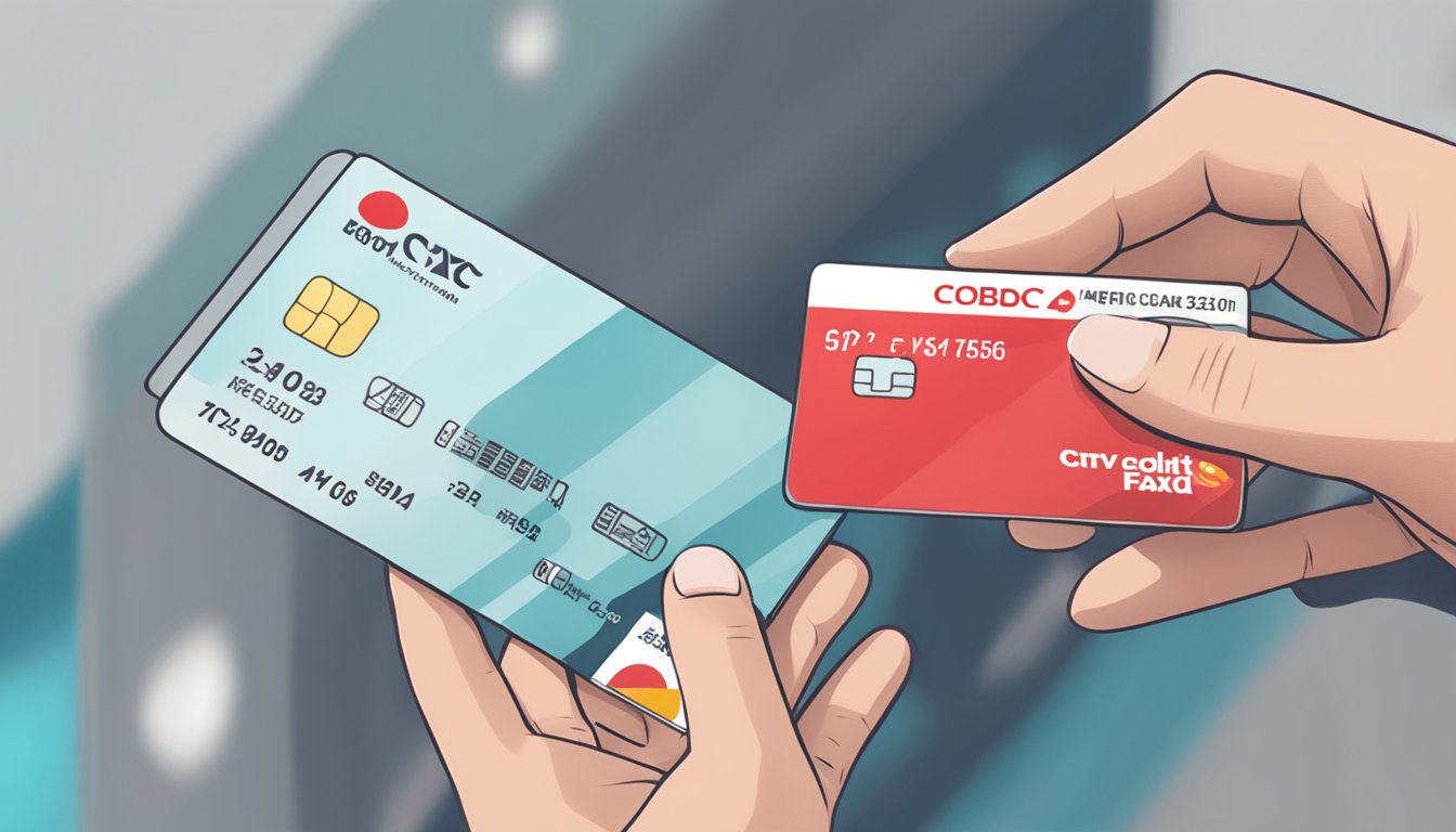 A hand holding an OCBC NXT credit card with FAQ text in the background
