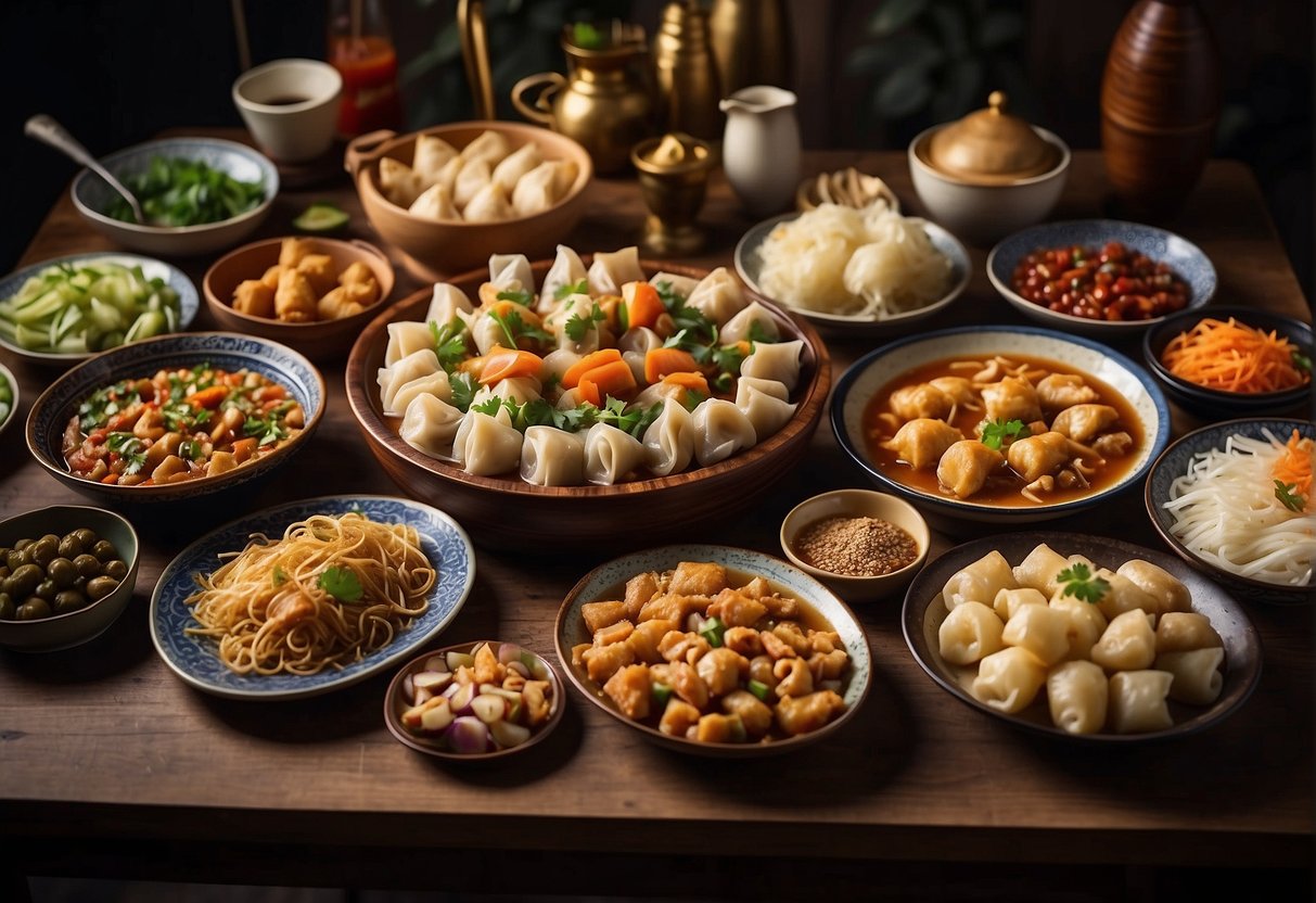 A table filled with various Chinese tapas dishes, including dumplings, spring rolls, and skewers, surrounded by vibrant ingredients and traditional cooking utensils