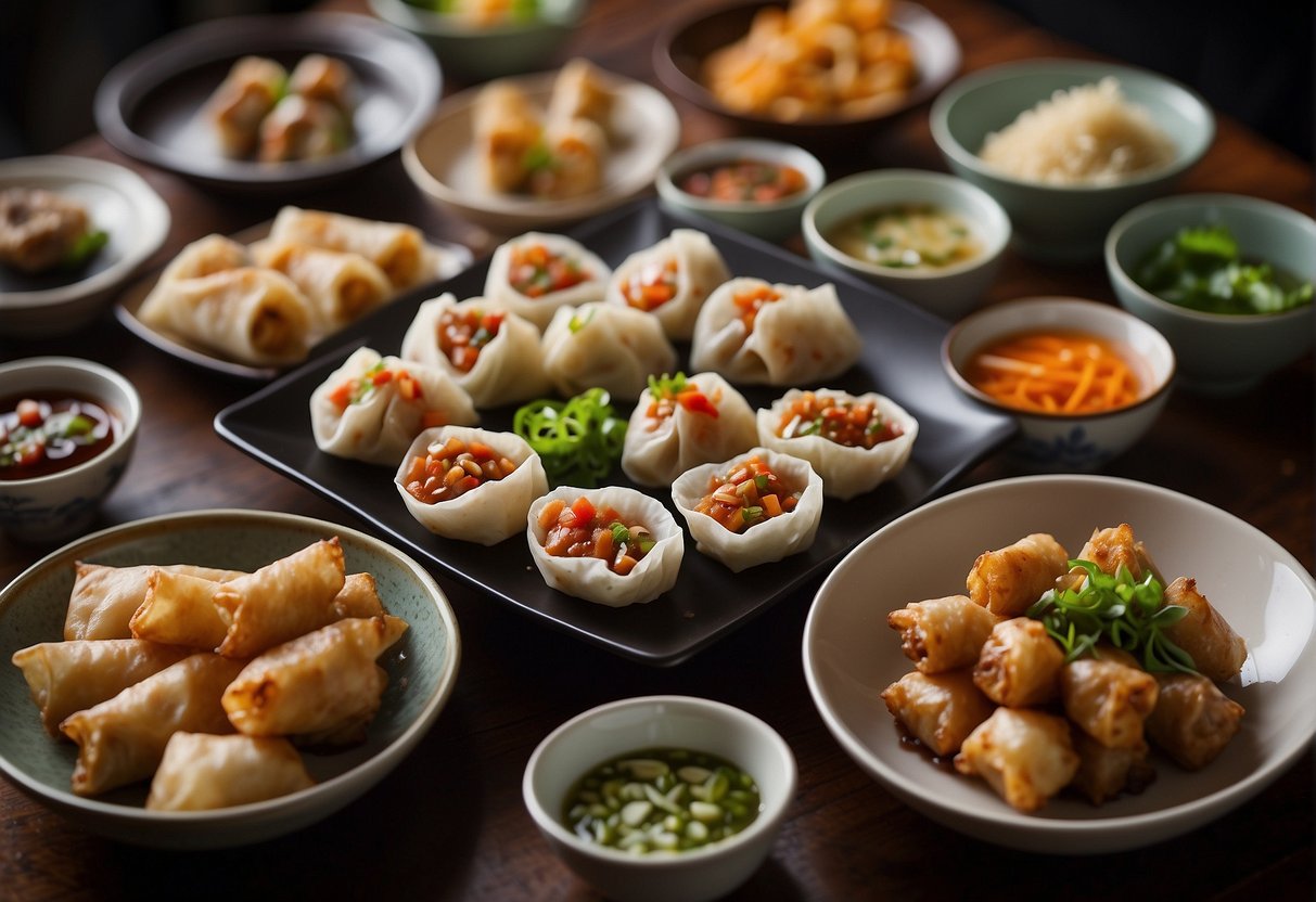 A table spread with various Chinese tapas dishes, including dumplings, spring rolls, and skewers, surrounded by chopsticks and small dipping bowls