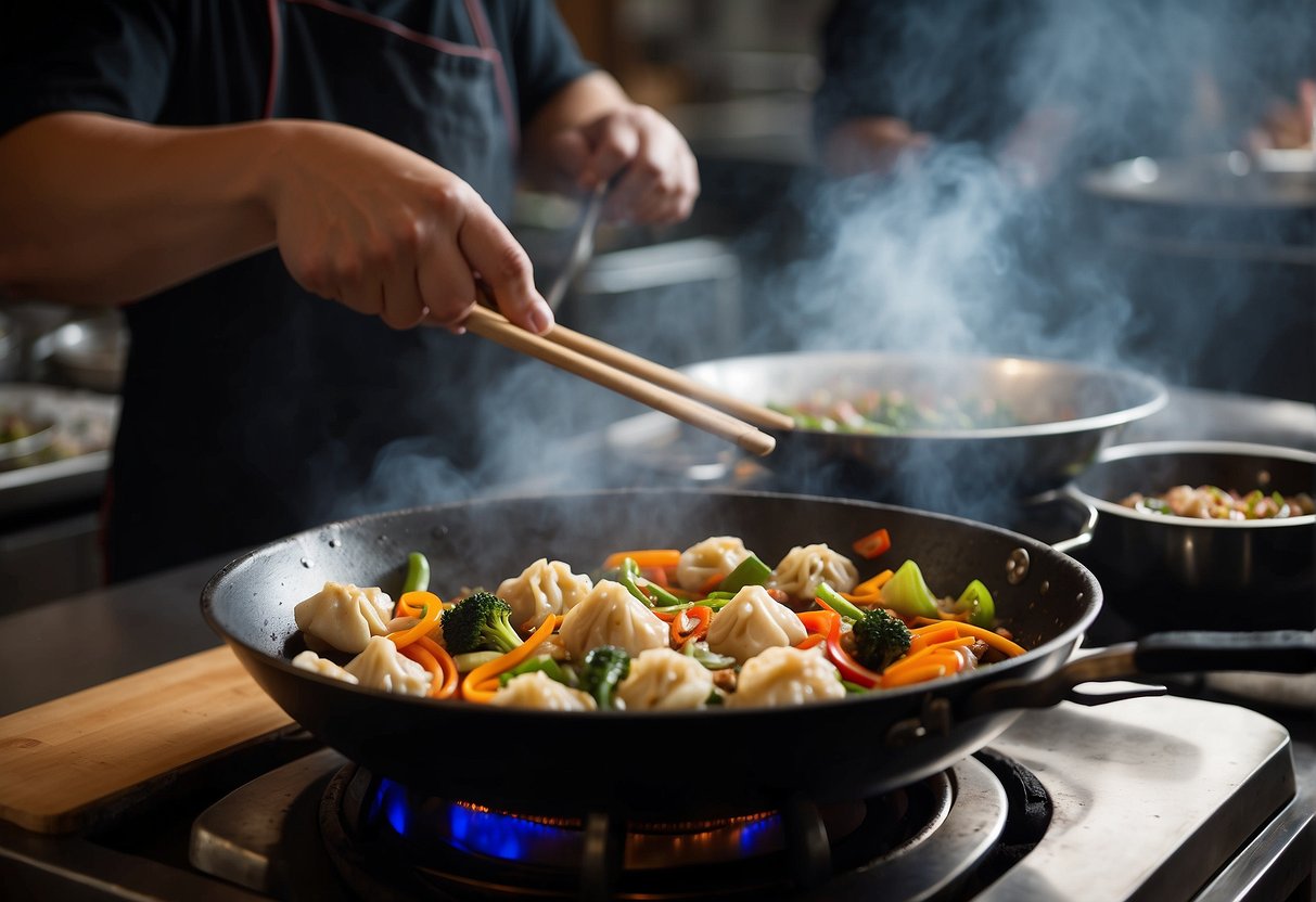 A wok sizzles as it stir-fries marinated pork and vegetables. A pot steams with dumplings, while a chef prepares dipping sauces