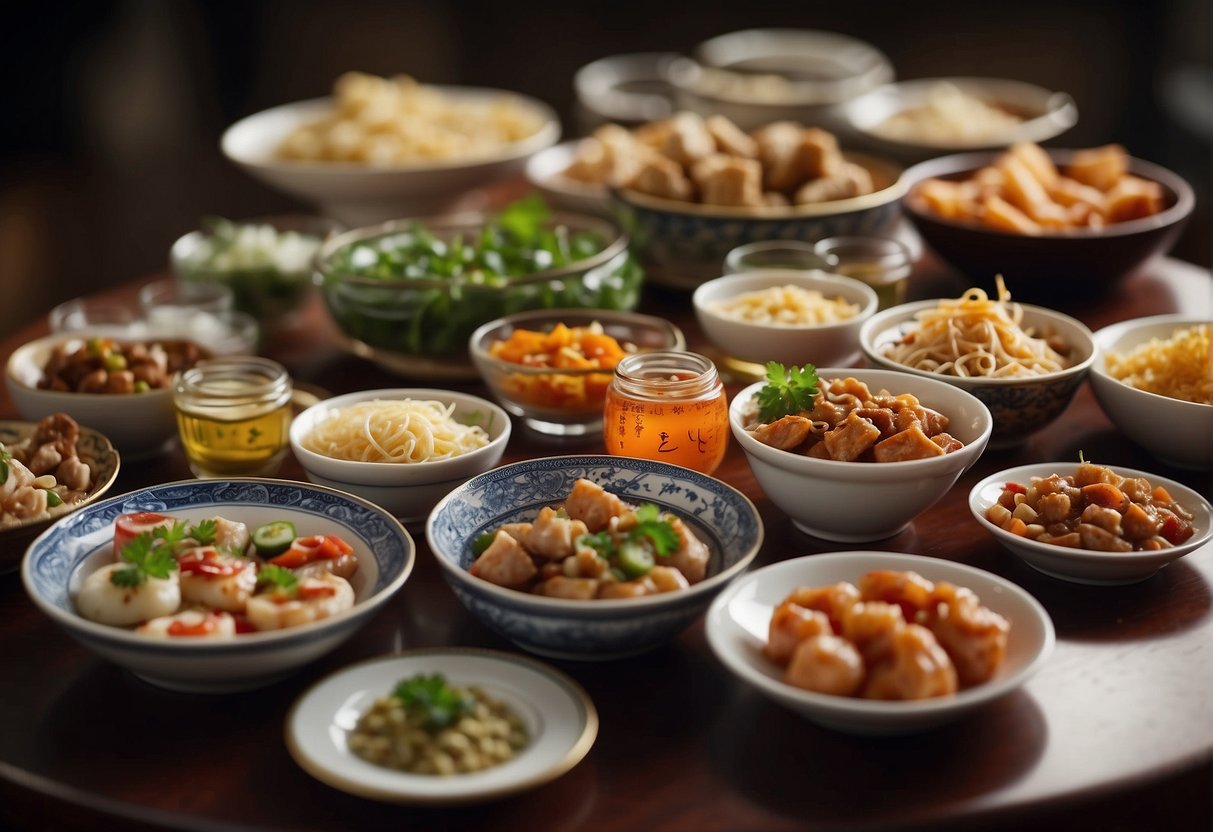 A table filled with various Chinese tapas dishes, accompanied by labels displaying nutritional information and dietary considerations