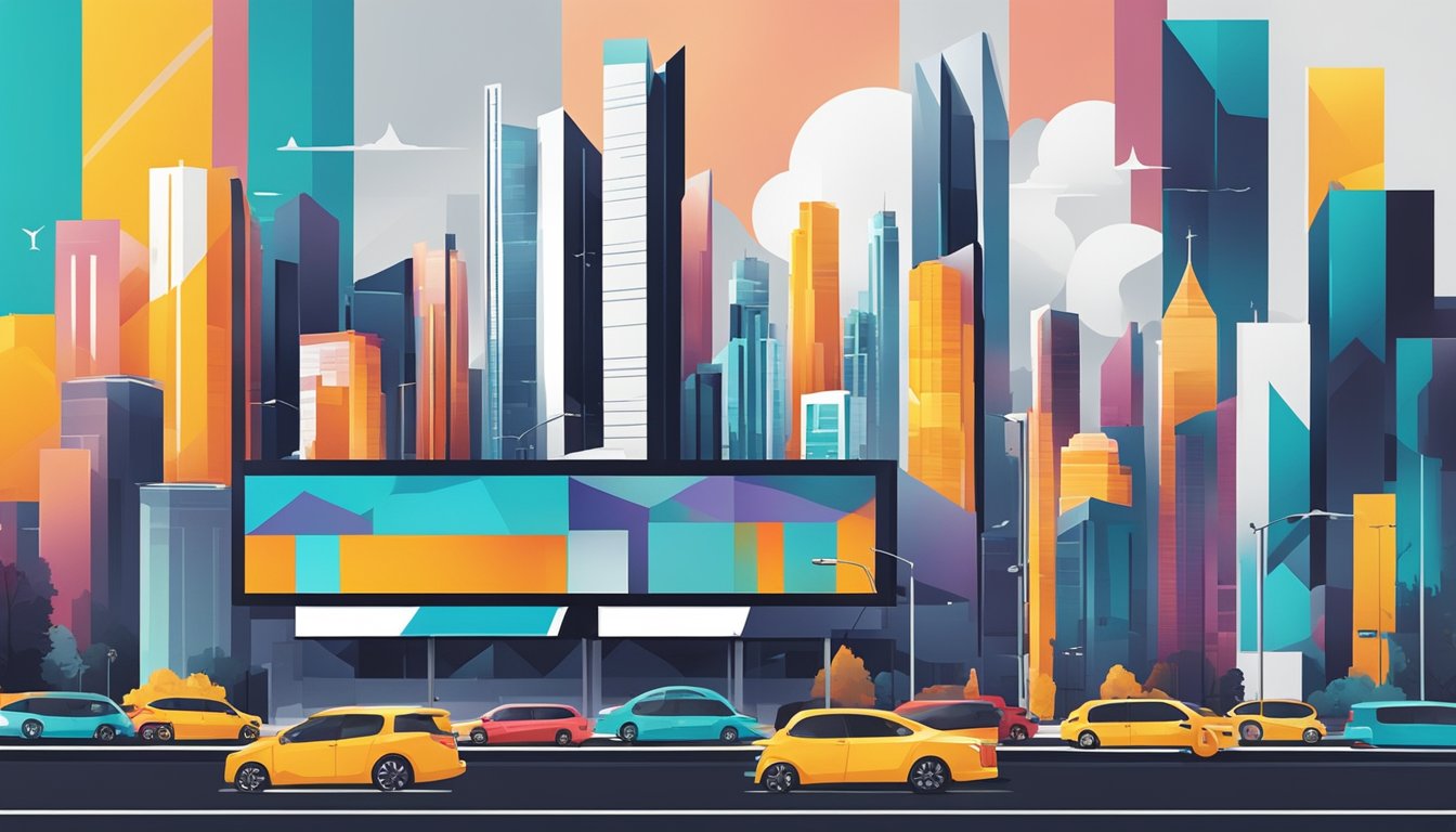 A modern, sleek logo on a billboard with bold colors and clean lines, surrounded by a busy cityscape