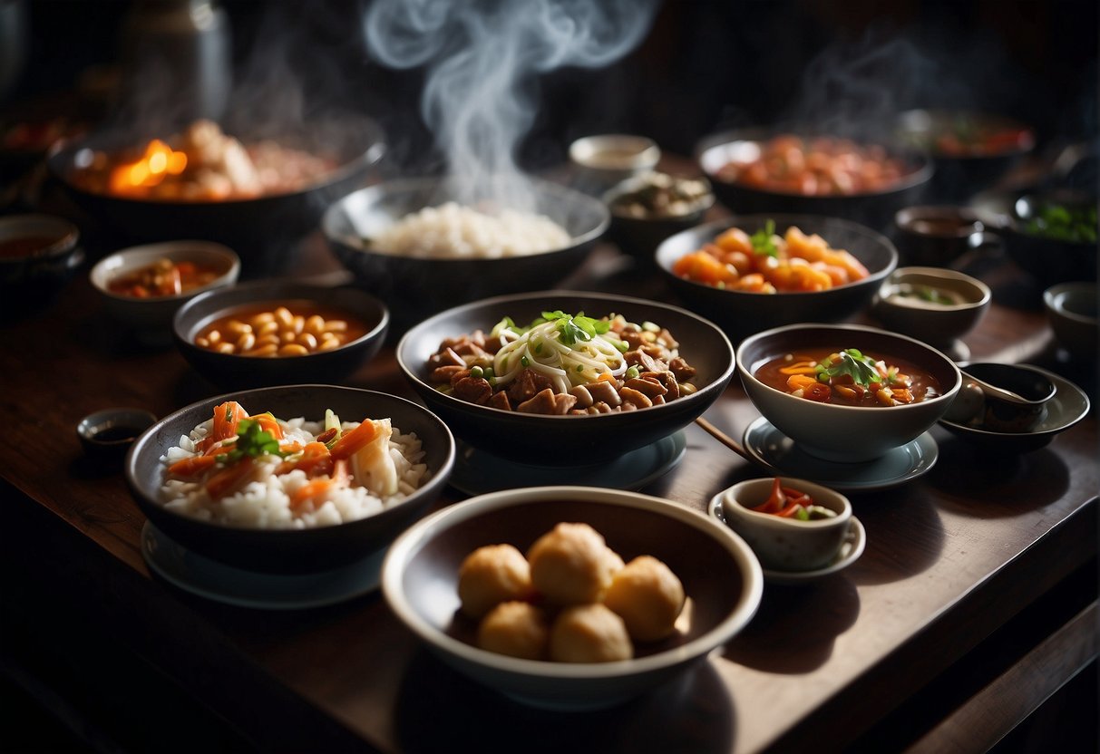 A table set with various Chinese tapas dishes, steam rising from the hot plates, chopsticks and small plates arranged neatly