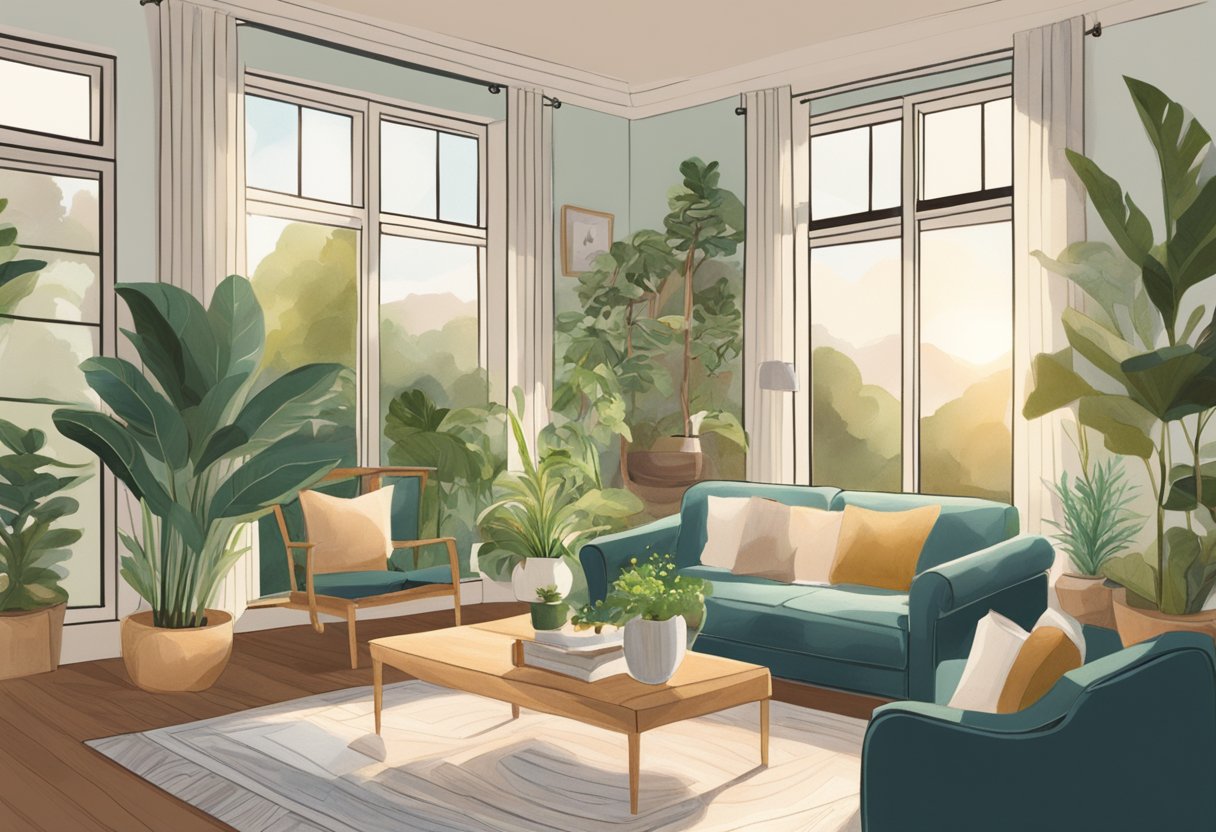 A serene living room with sunlight streaming in, plants thriving, and a vision board displaying dreams and desires. A book by Neville Goddard sits prominently on the coffee table