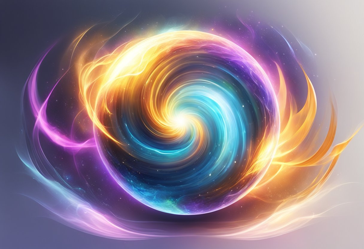 A bright, glowing orb surrounded by swirling energy, representing the power of emotions in the process of manifestation