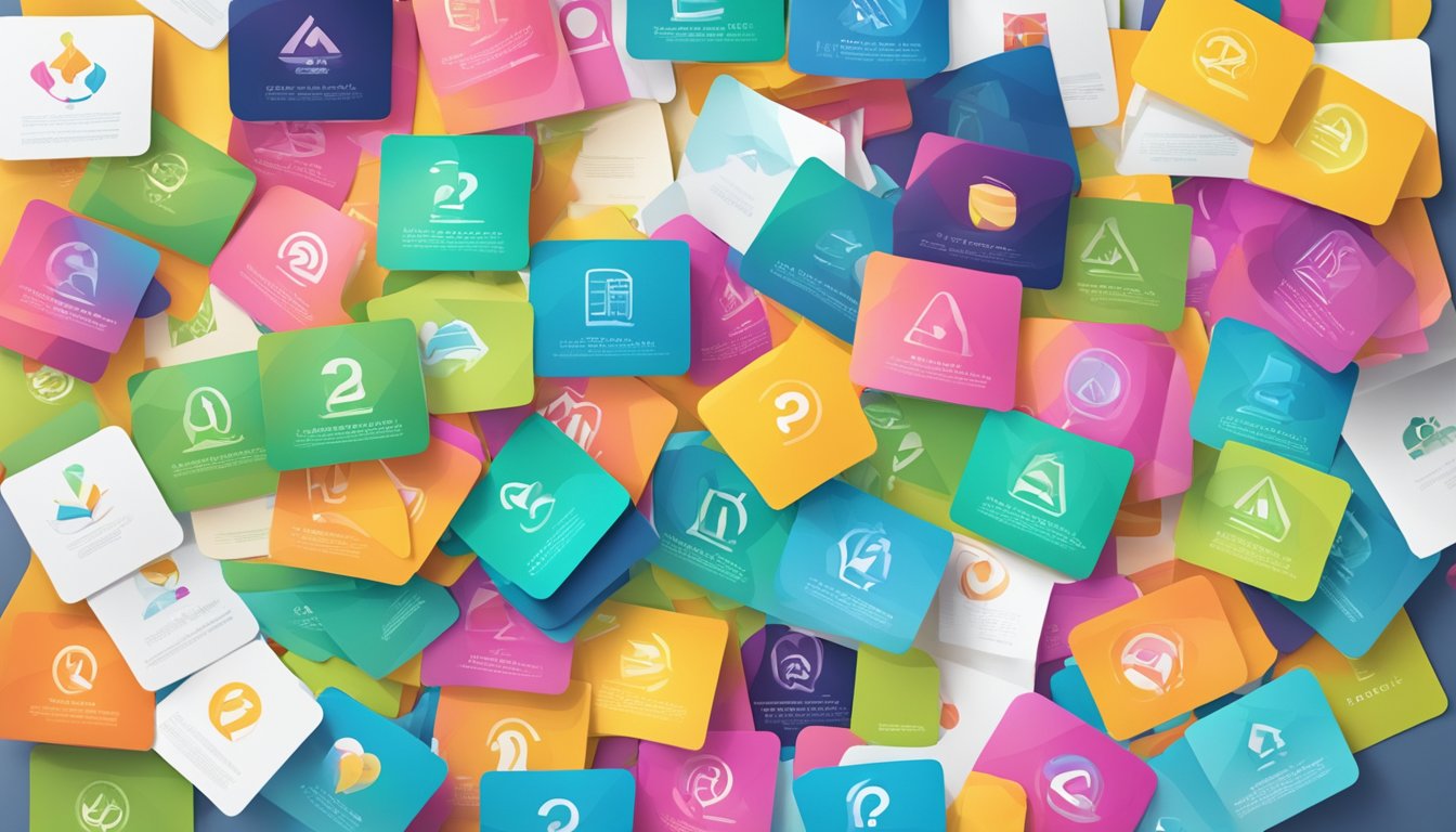 A stack of colorful "Frequently Asked Questions" cards surrounded by various brand design elements