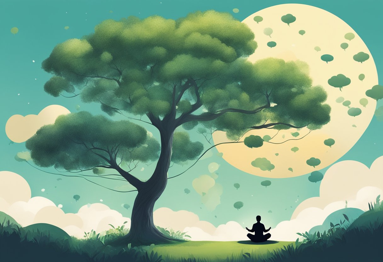 A serene landscape with a figure meditating under a tree, surrounded by floating speech bubbles representing inner thoughts and conversations