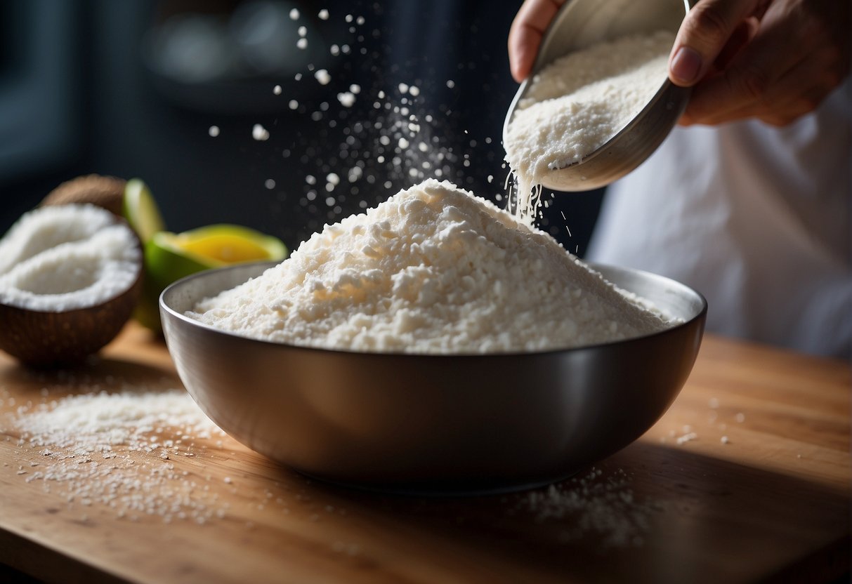 A hand mixing tapioca flour, sugar, and coconut milk in a bowl. A pot of boiling water steams in the background