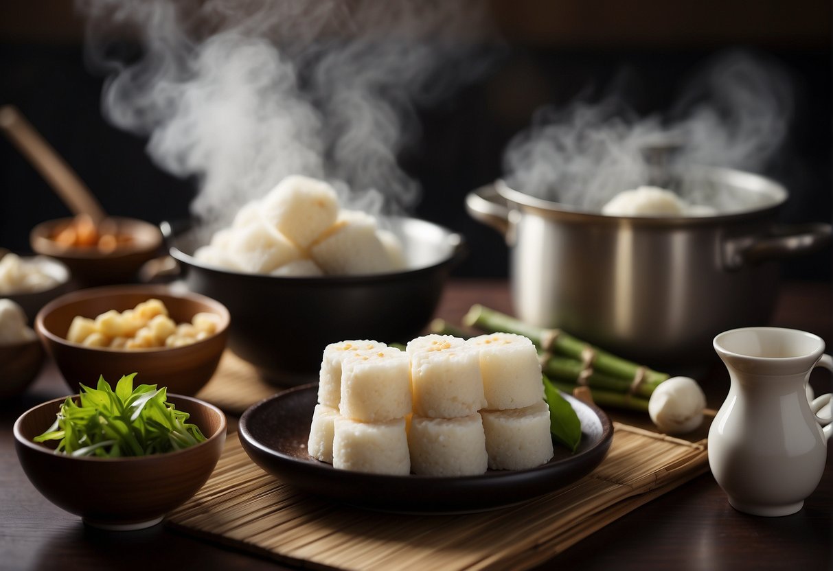 A steaming bamboo steamer filled with freshly steamed Chinese tapioca cakes, surrounded by traditional Chinese kitchen utensils and ingredients