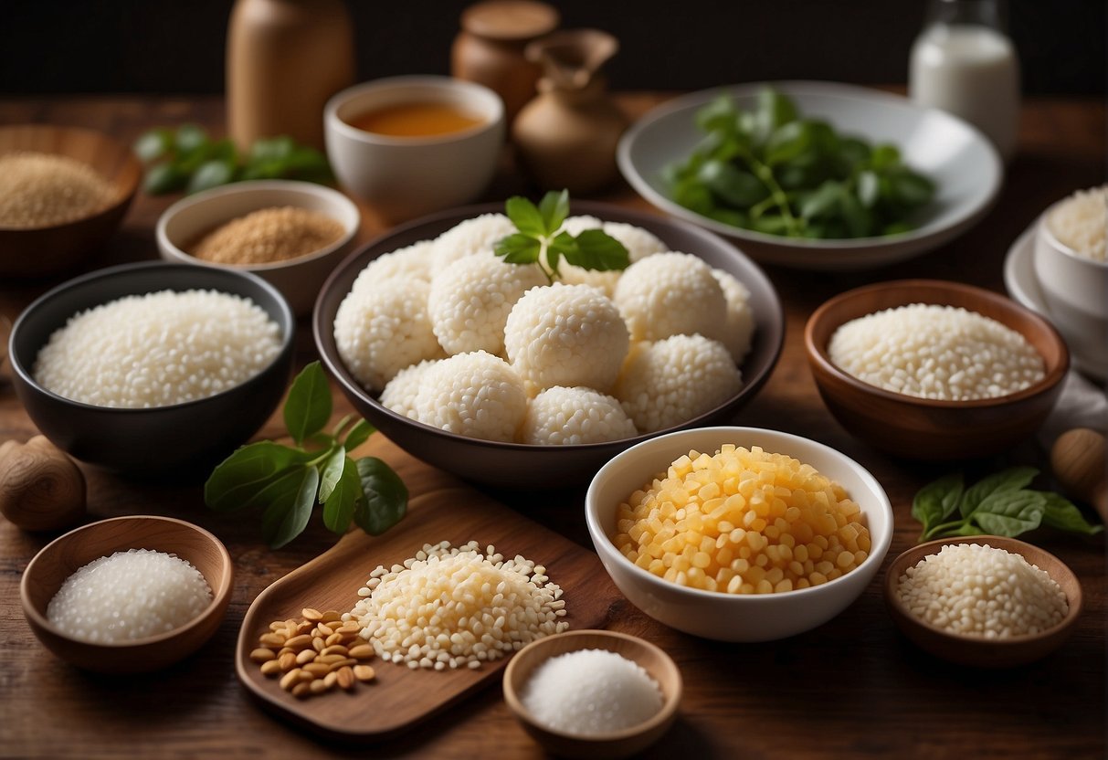 A kitchen counter with ingredients and utensils laid out for making Chinese tapioca cake