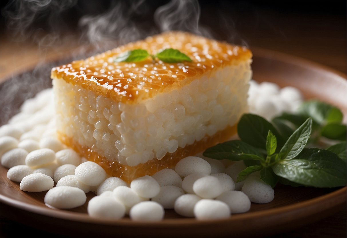 A steaming hot Chinese tapioca cake sits on a bamboo steamer, emitting a sweet and fragrant aroma, with a glistening, slightly translucent texture