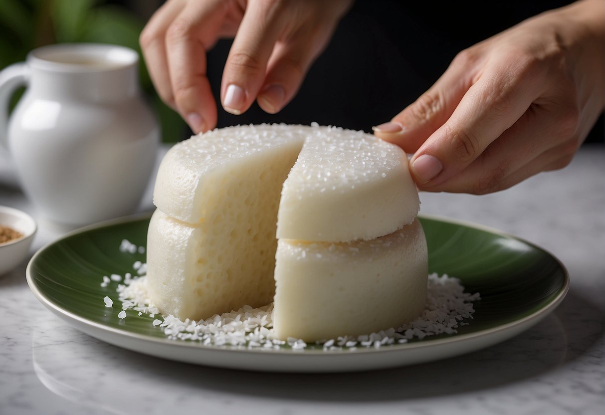 A hand placing a steamed Chinese tapioca cake onto a plate, with a side of sweetened coconut milk in a small bowl