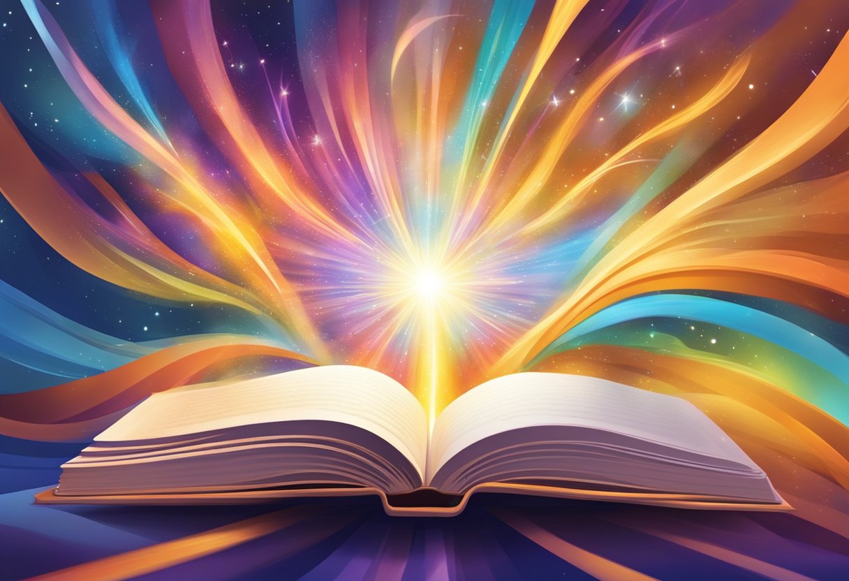 A bright light radiates from an open book, surrounded by swirling energy and vibrant colors, symbolizing the expansion of manifestation abilities