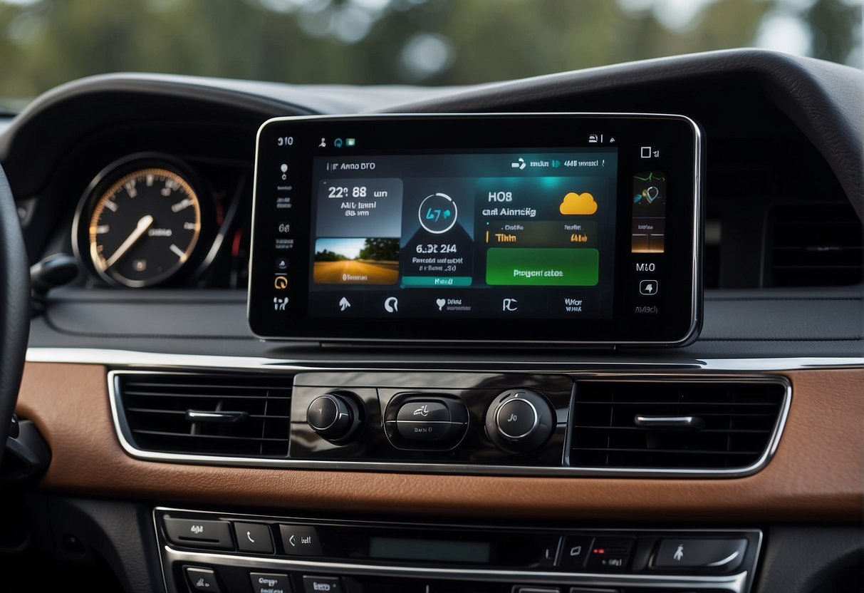 A car dashboard displaying Android Auto interface with navigation, music, and communication apps