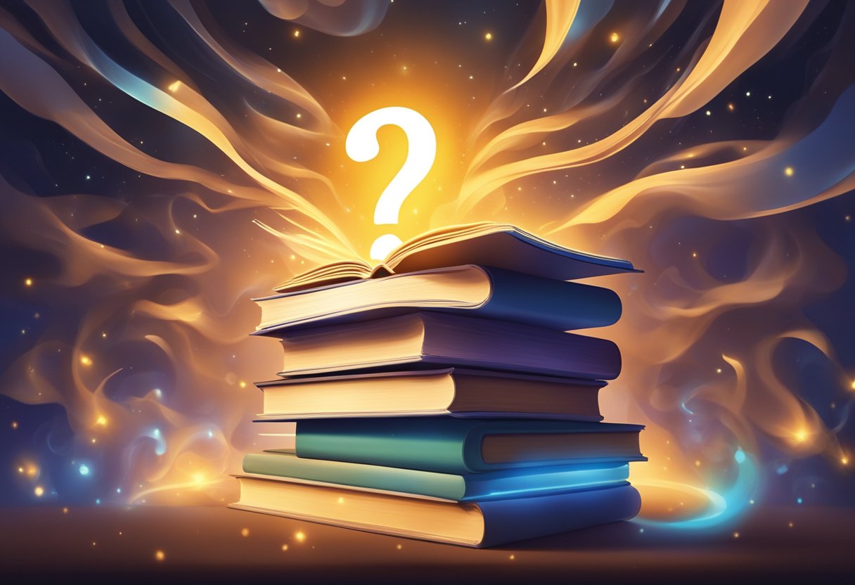 A book cover with a glowing question mark hovering over a stack of books, surrounded by swirling energy and light