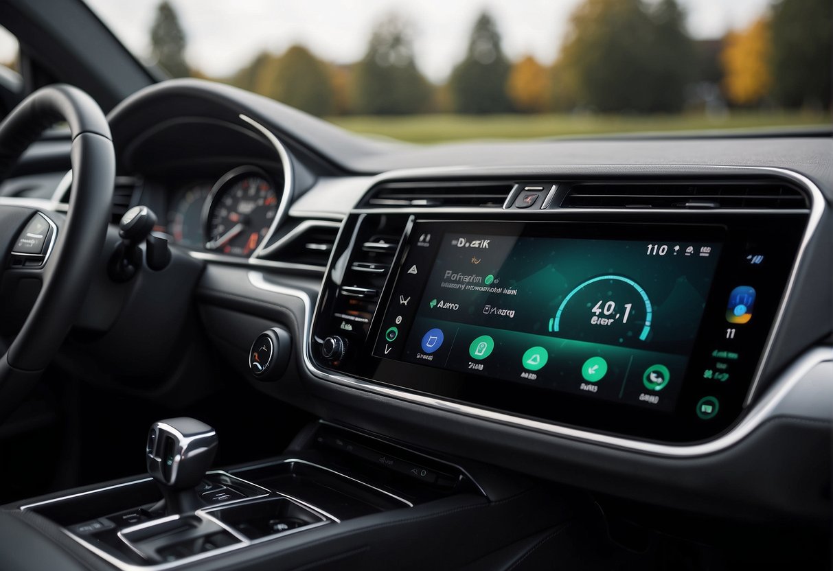 An Android Auto interface displayed on a car's infotainment screen with clear navigation and music options