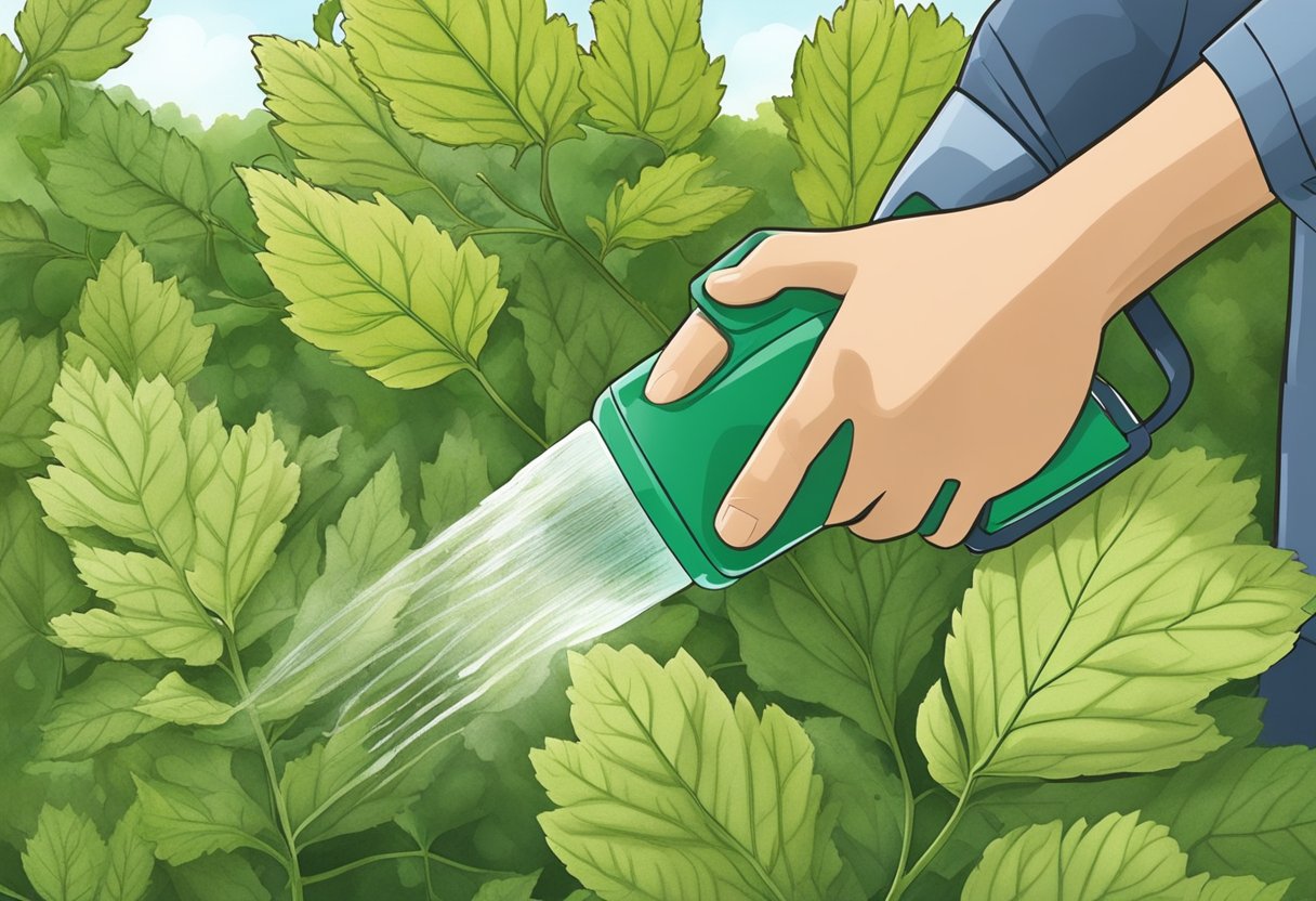 Spraying a solution on ninebark leaves to treat powdery mildew