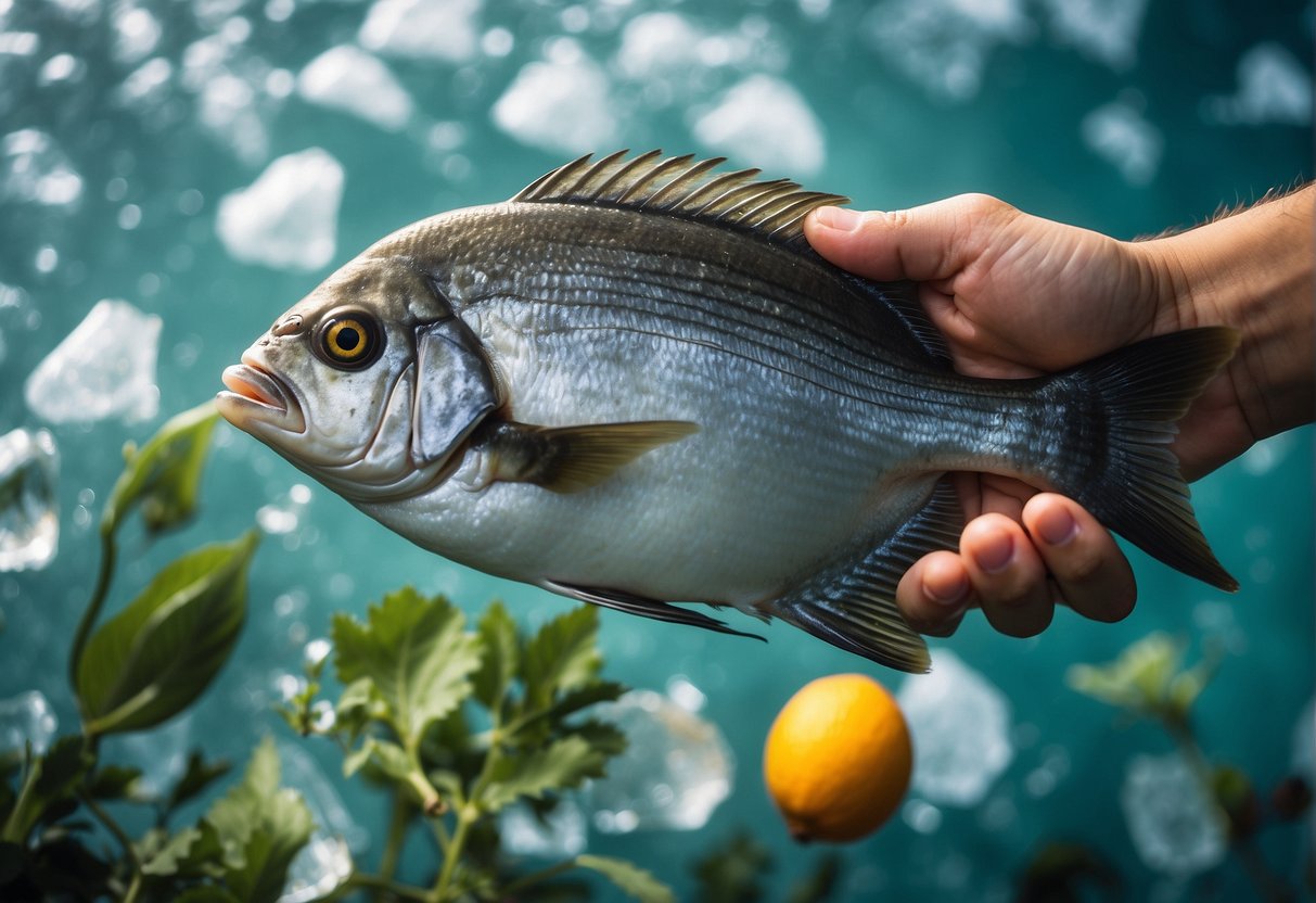 A hand reaches for a fresh black pomfret from a bed of ice, surrounded by vibrant green herbs and colorful spices