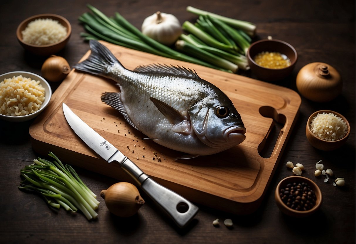 A black pomfret, ginger, garlic, soy sauce, and green onions arranged on a wooden cutting board with a cleaver and mortar and pestle nearby