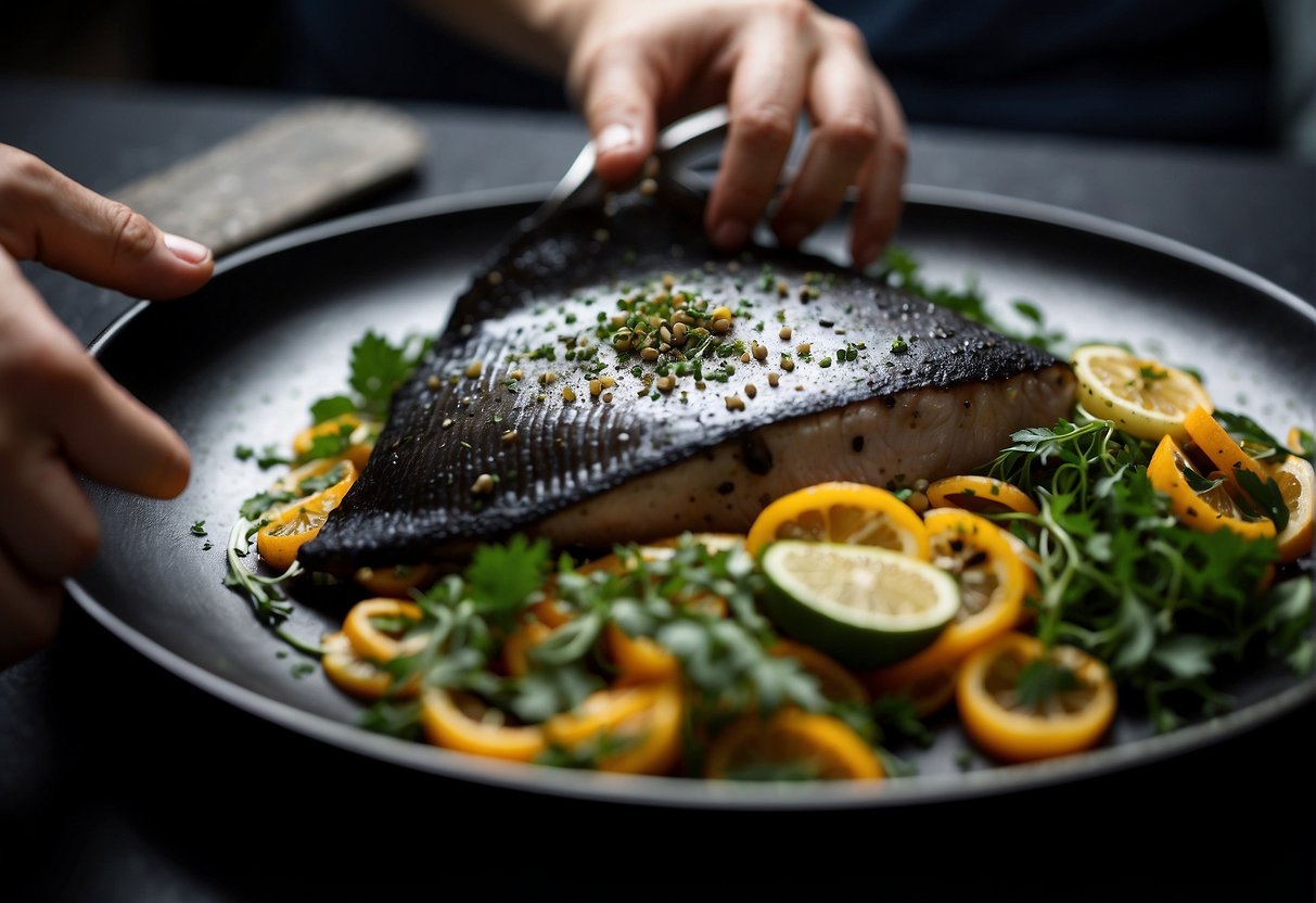 A hand sprinkles chopped herbs on a cooked black pomfret dish, while another hand holds a serving platter