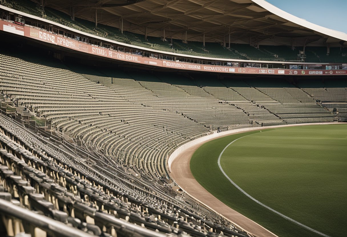 The interior of Ellis Park Stadium is filled with rows of seating, a large playing field, and towering floodlights. The stadium's history is evident in its architecture and the energy of past events lingers in the air