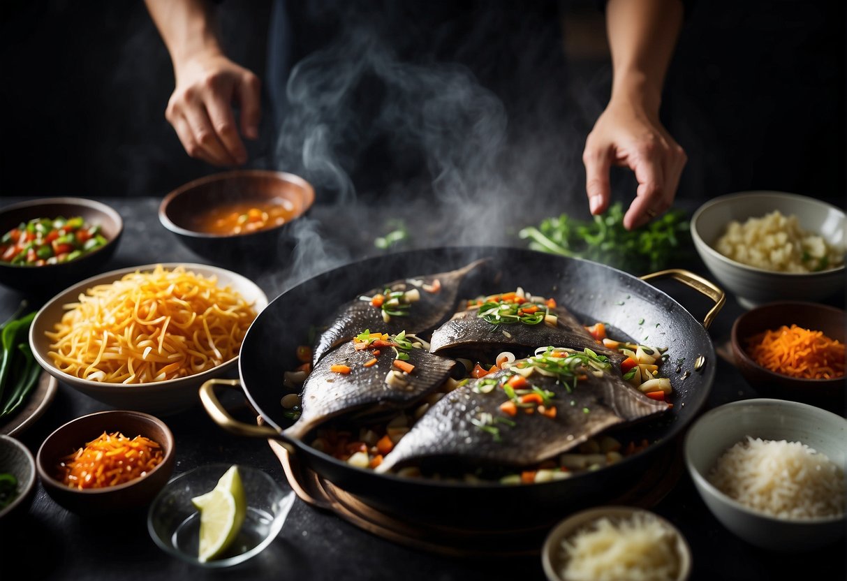 A chef stir-frying black pomfret with Chinese seasonings in a sizzling wok, surrounded by various ingredients and cooking utensils