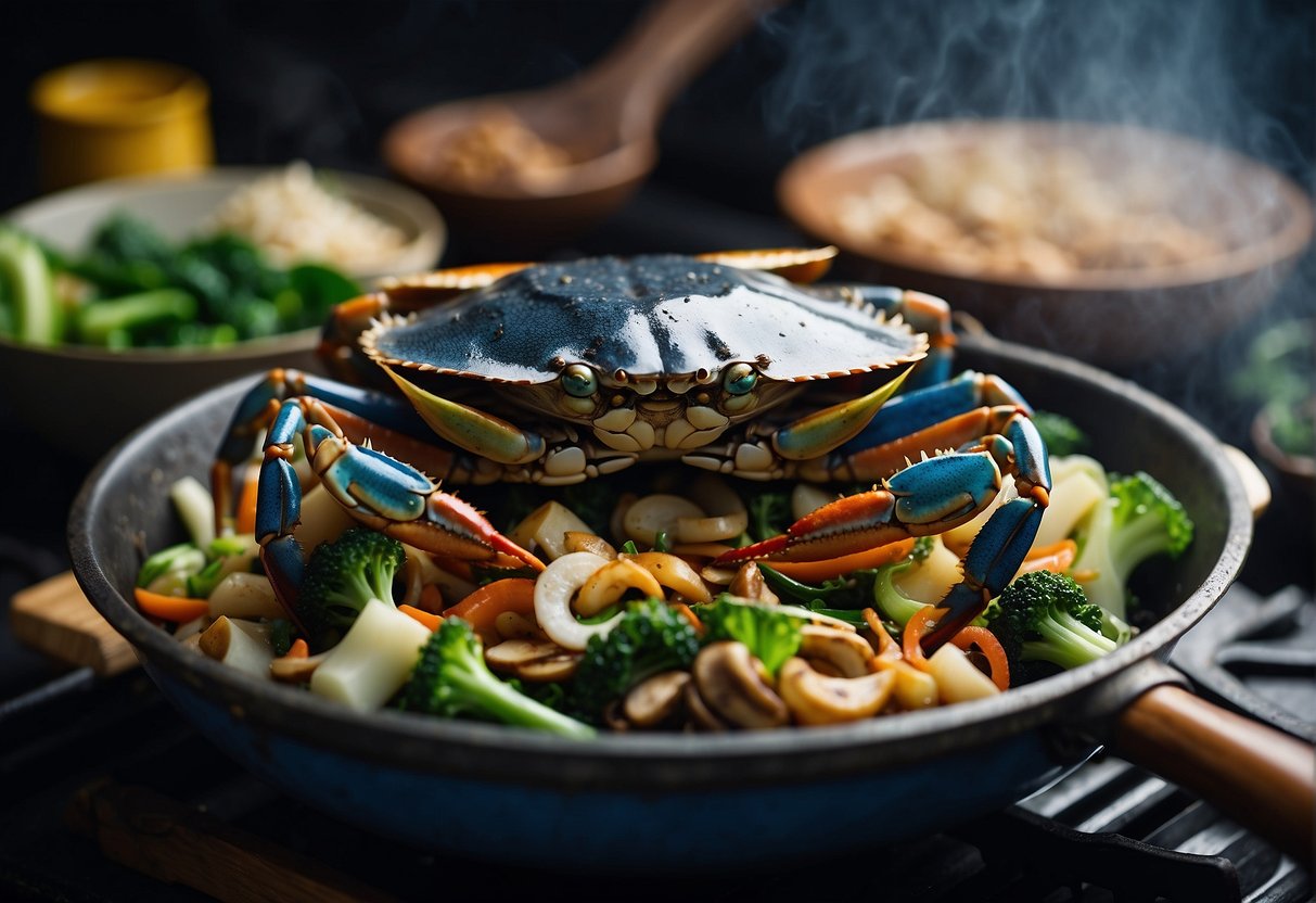 A blue crab is being stir-fried in a wok with ginger, garlic, and soy sauce, surrounded by traditional Chinese ingredients like bok choy and shiitake mushrooms