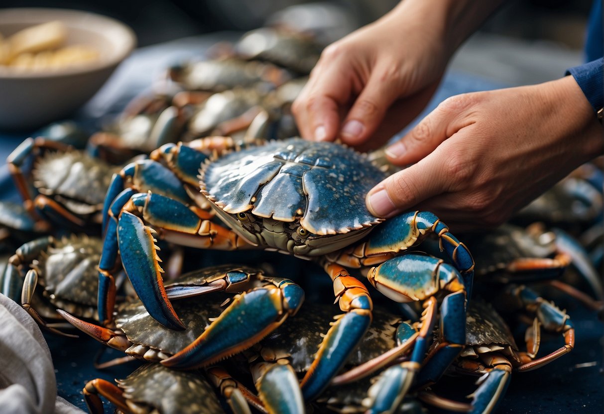 A hand reaches into a pile of blue crabs, carefully selecting the highest quality ones for a Chinese recipe
