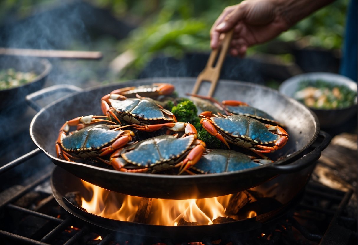 Blue crabs being stir-fried in a wok with Chinese seasonings. Steaming crabs in a bamboo steamer. Grilling crabs over an open flame