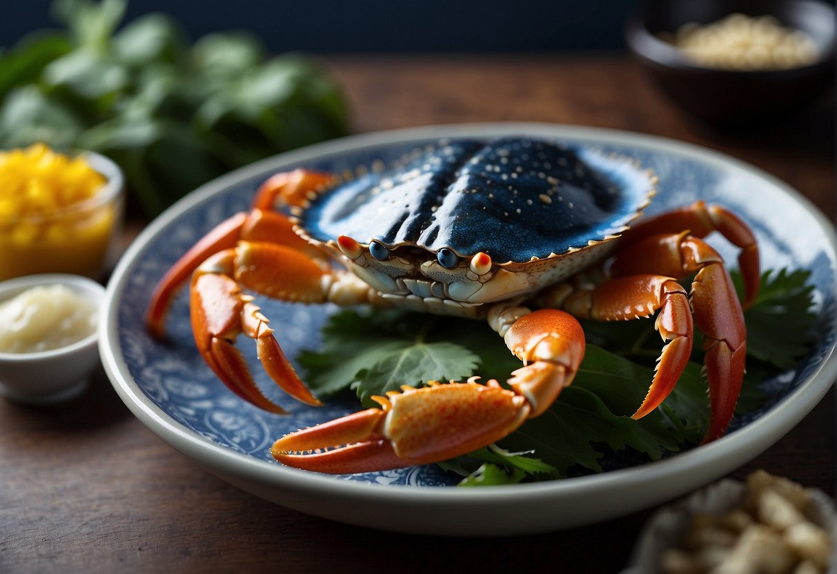 A blue crab is being prepared with Chinese flavor enhancements for a recipe. Ingredients like soy sauce, ginger, and garlic are being used