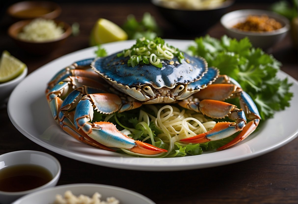 A platter of steamed blue crab with ginger and scallion, garnished with cilantro and served on a bed of lettuce. Soy sauce and vinegar dipping bowls on the side