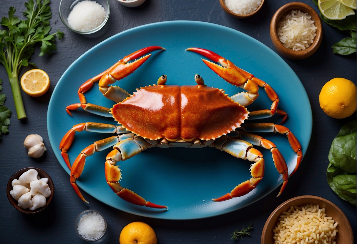 A blue crab surrounded by Chinese ingredients and cooking utensils for FAQ recipe illustration