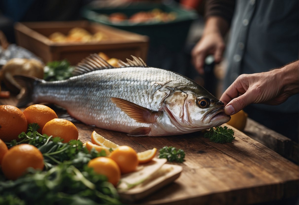 A hand reaches for a fresh whole fish at a market stall. The fish is being carefully inspected for its size, freshness, and overall quality