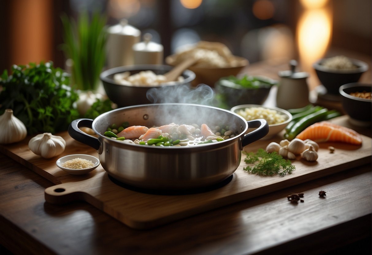 A pot of boiling water with fish and Chinese herbs. Chopping board with ginger, scallions, and garlic. Seasonings and sauces lined up on the counter