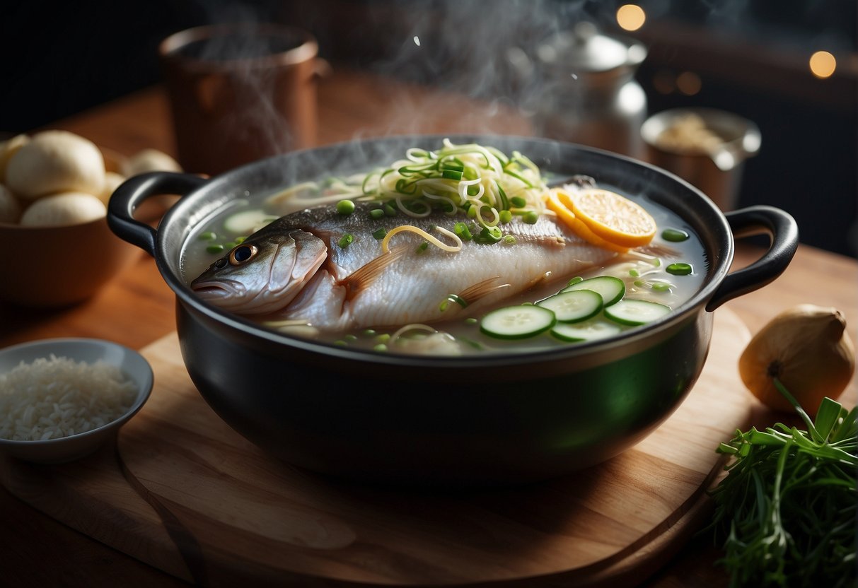 A pot of boiling water with whole fish, ginger, and green onions. Steam rising, bubbles forming. Ingredients scattered on a wooden cutting board
