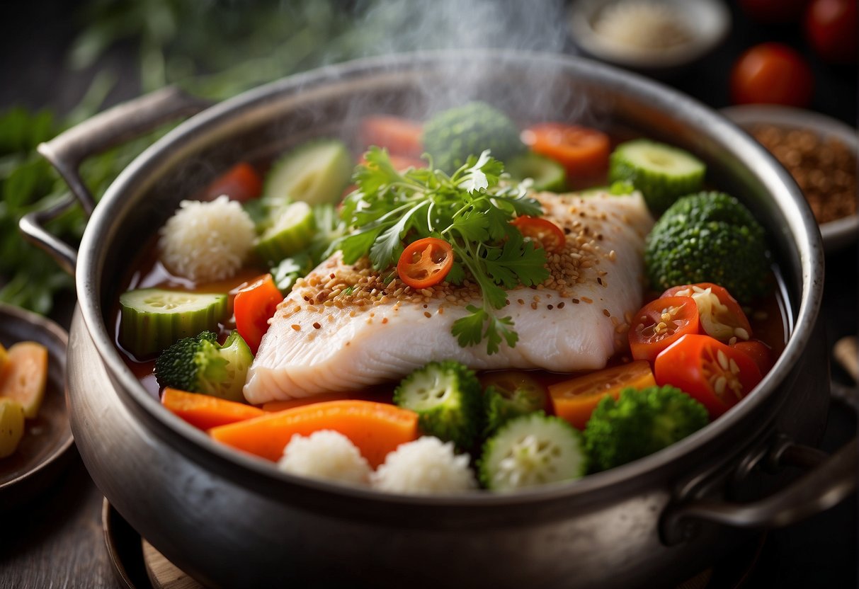 A steaming pot of Chinese boiled fish, surrounded by vibrant vegetables and aromatic spices, ready to be served and enjoyed