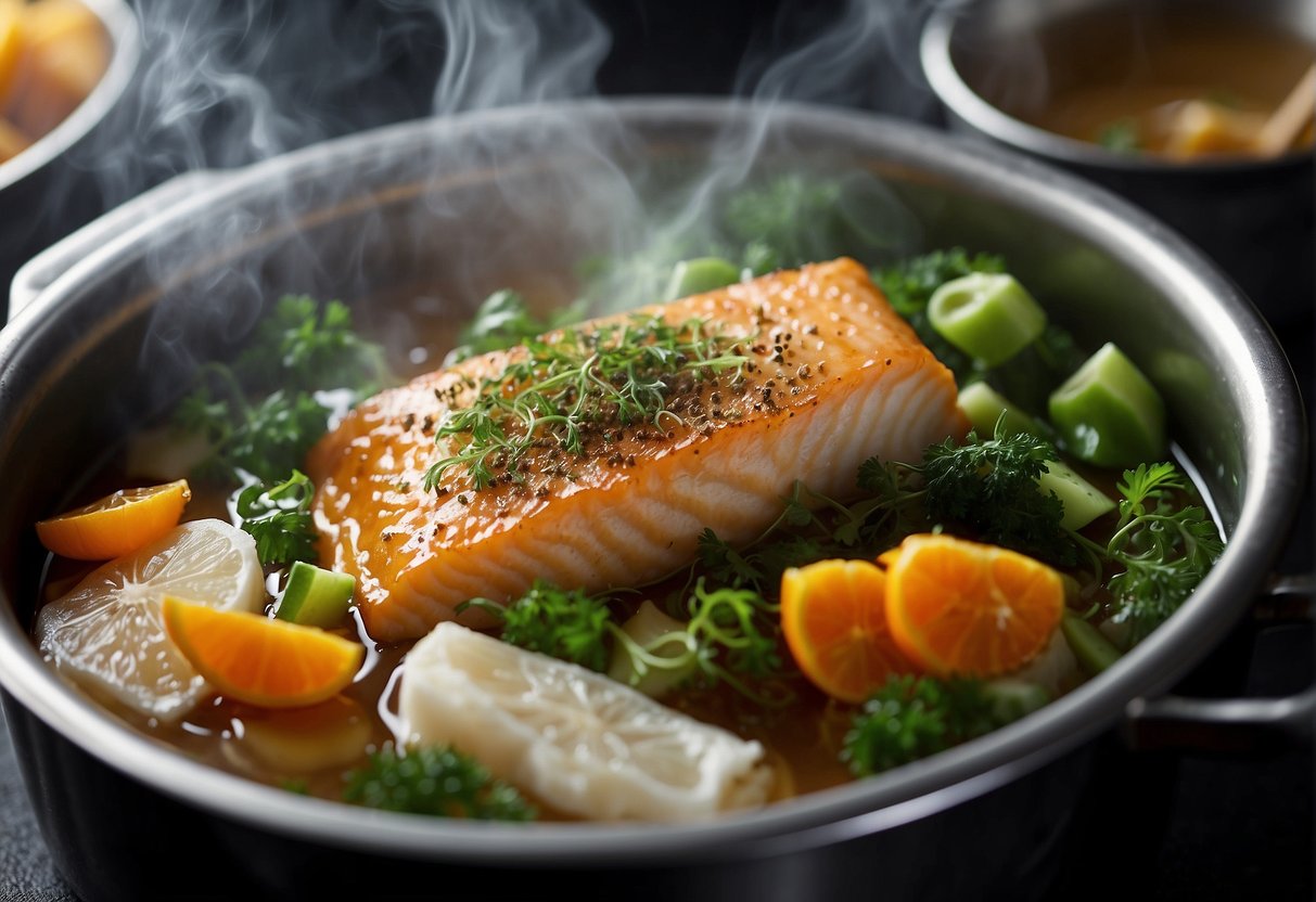 A pot of boiling water with fish and Chinese seasonings