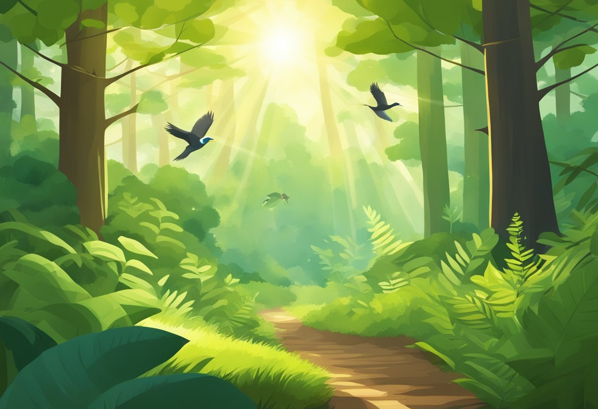 Lush green forest with sunlight streaming through trees, birds chirping, and a gentle breeze rustling the leaves. Nature has been shown to have a good impact on mental health by lowering stress, boosting mood, and even decreasing sickness and mortality rates.