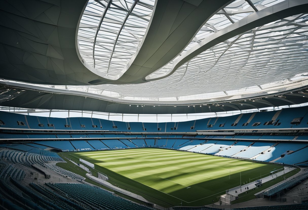 The interior of Mbombela Stadium showcases modern architectural design with sleek lines and dynamic structural features. The open, airy space is filled with natural light, highlighting the intricate details of the construction