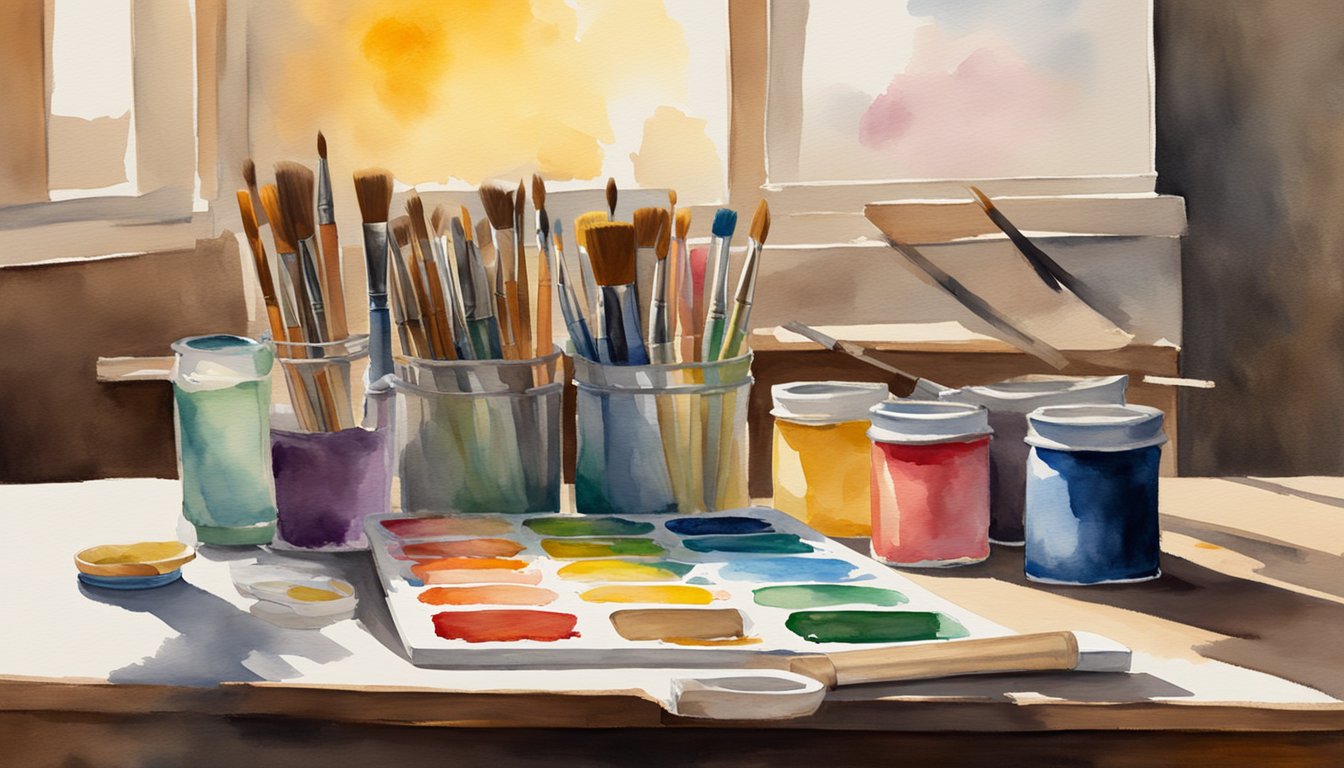 A colorful palette of paint tubes and brushes scattered on a wooden table, with a blank canvas propped up on an easel in a sunlit studio