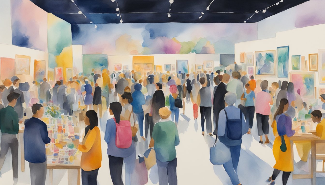 A bustling art base at Art Basel Events, with vibrant colors and diverse artworks on display