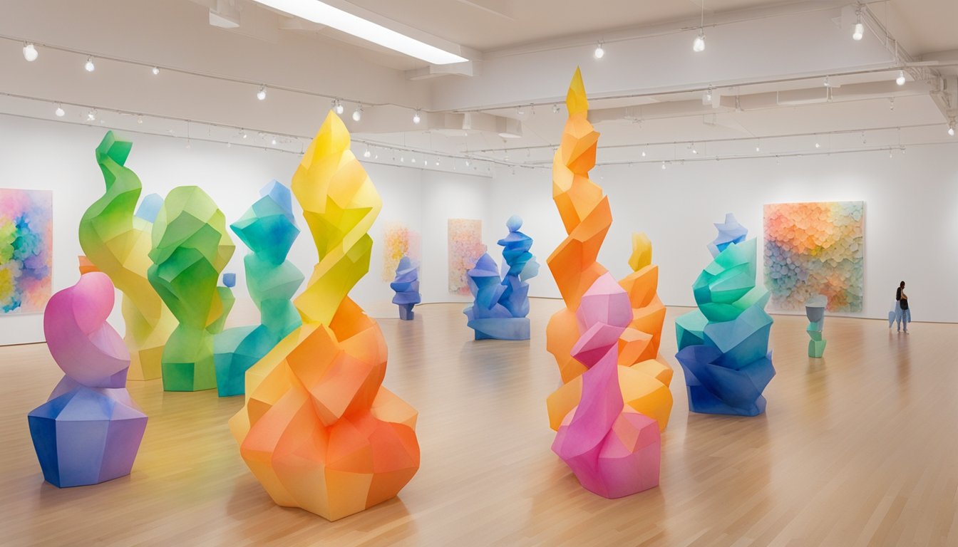 A colorful array of sculptures and interactive installations fill the art space, creating a dynamic and immersive environment for viewers