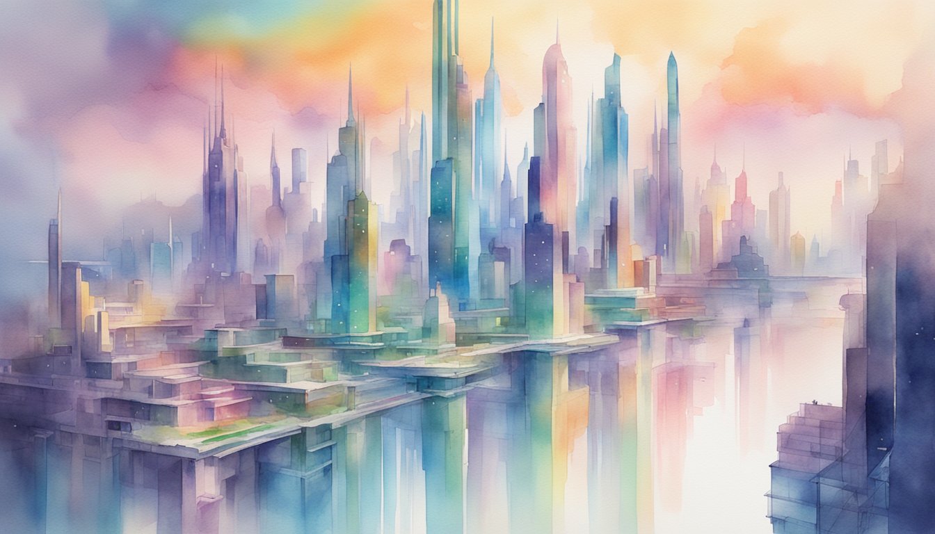 A futuristic cityscape with holographic buildings and virtual landscapes stretching into the horizon