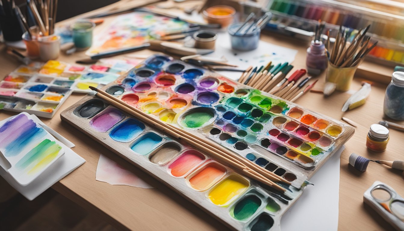 A colorful palette of paintbrushes, pencils, and markers scattered on a wooden art table, surrounded by sketches, canvases, and design tools