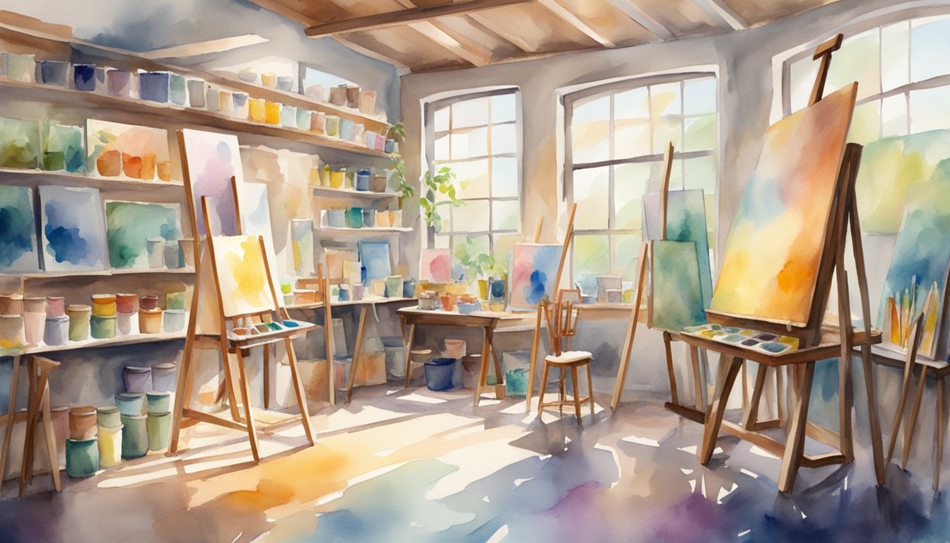 A colorful art studio with easels, paint palettes, and brushes. Shelves filled with art supplies and finished paintings. Bright natural light floods the space