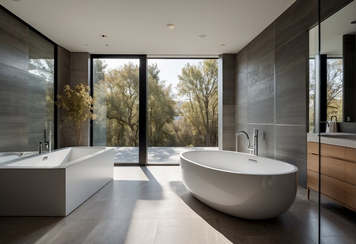 A modern bathroom with sleek fixtures, a freestanding tub, and a large walk-in shower. The space is flooded with natural light from a floor-to-ceiling window, and the walls are adorned with minimalist artwork