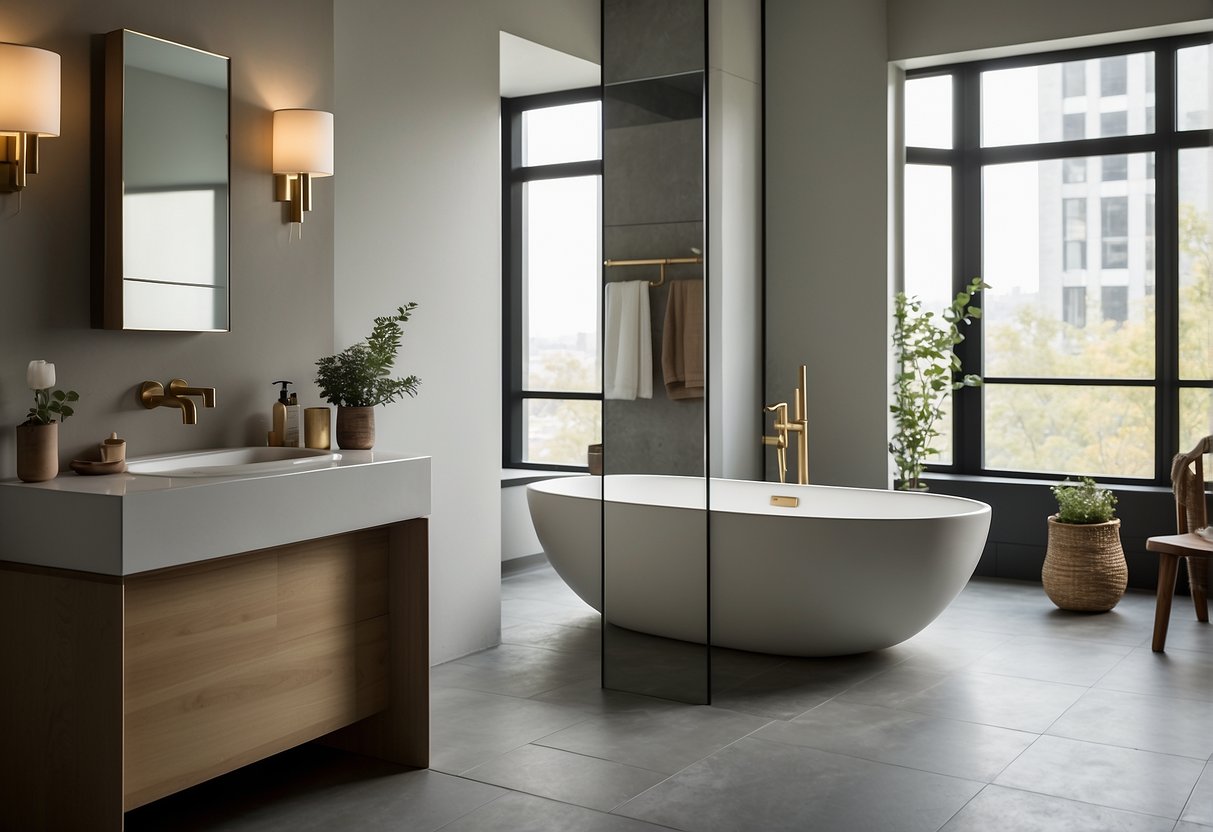 A modern, sleek bathroom with a freestanding tub, minimalist fixtures, and a large, frameless mirror. The color palette is neutral with pops of metallic accents