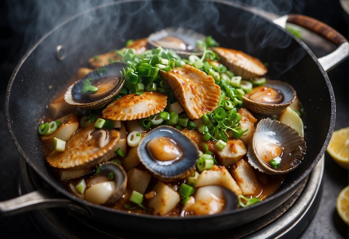 A large wok sizzling with braised abalone, surrounded by ginger, garlic, and green onions. Steam rises as the savory aroma fills the air