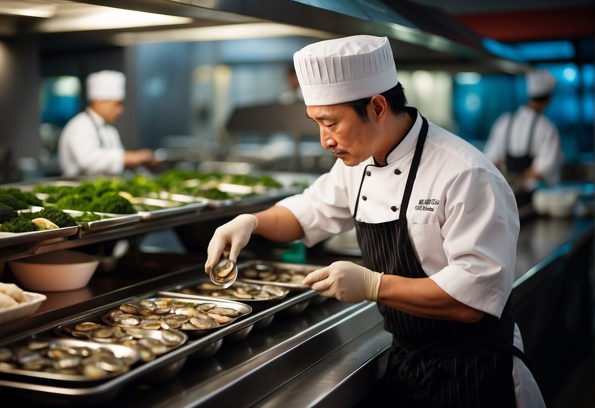 A chef carefully selects fresh abalone from a display, preparing to braise them in a traditional Chinese recipe