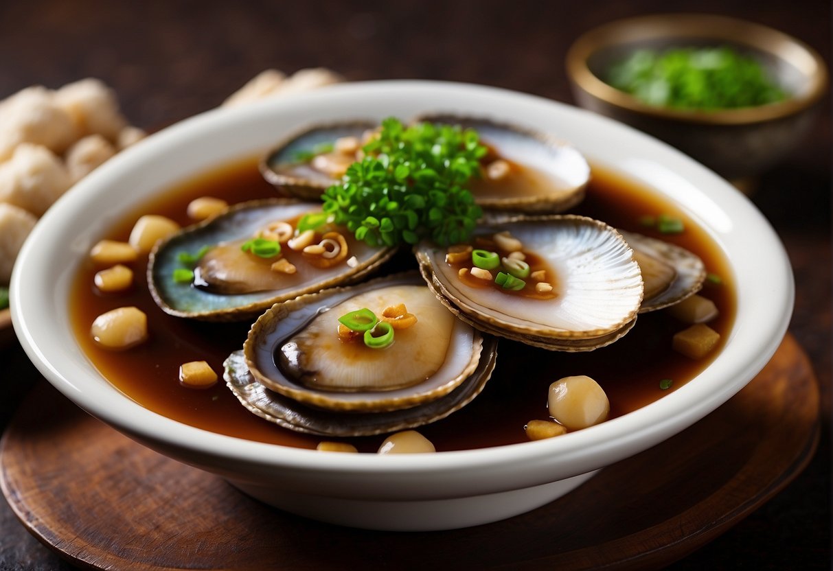 Abalone simmers in savory sauce with ginger, garlic, and green onions. Soy sauce, oyster sauce, and Shaoxing wine add depth to the braising liquid